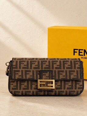Fendi FF Jacquard Medium Baguette Carry Bag with Leather Trim